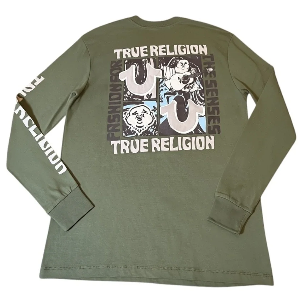 True Religion Long Sleeve T Shirt Mens Medium Green New Buddha Graphic Cotton